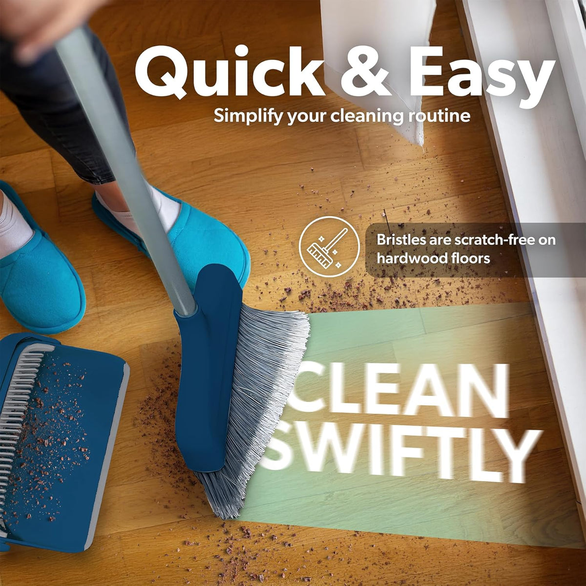 BLACK+DECKER Butler Broom & Dustpan Set - Stand-Up Design - Lightweight, Space-Saving Combo for Kitchen, Living Room, Bathroom, Lobby Floors - Home Cleaning Essential, Ocean Blue
