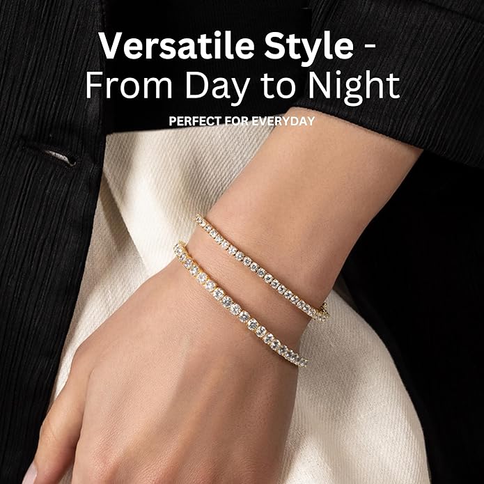 KISPER Tennis Bracelet for Women - 24K White Gold or Gold Plated Round Cut AAAAA CZ, 3mm/4mm Width, Elegant Jewelry Gift, 6.5/7/7.5 Inch