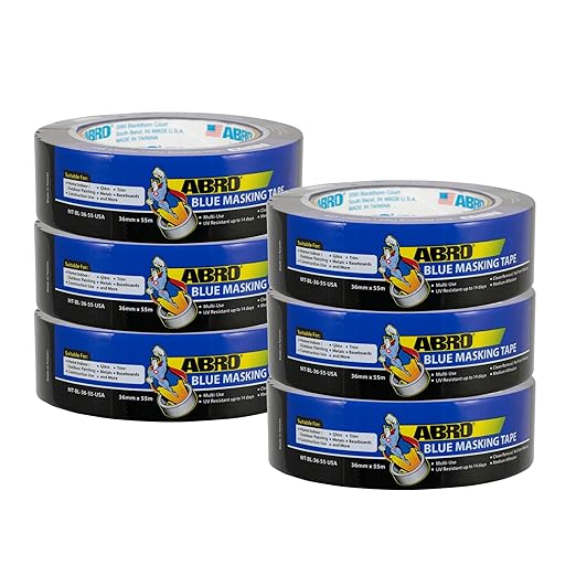 ABRO Blue Painters Tape 1.5 Inch Wide, 36mm x 55M, All Purpose Blue Tape, Temporary Labeling, Easy Tear, Clean Removal, Masking Tape Colored DIY or Pro - 6 Pack