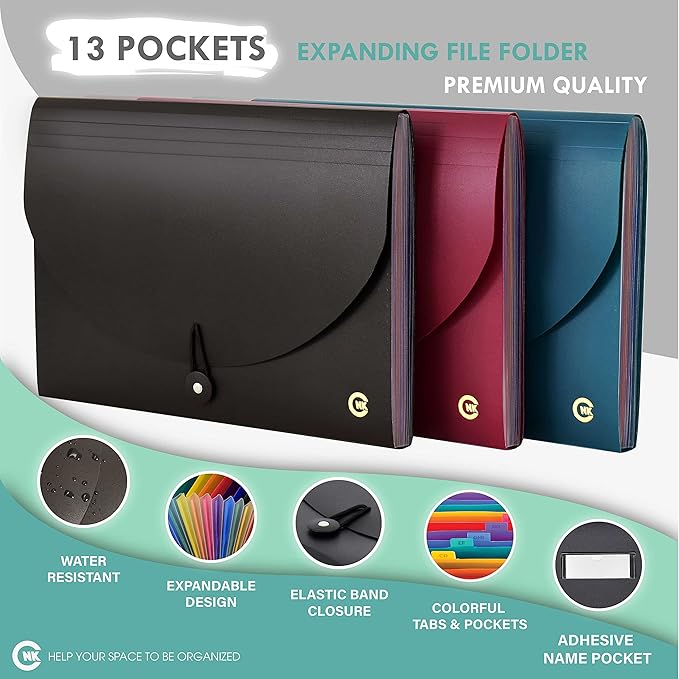 CNK File Folders Organizer with 13 Pockets Accordion Expanding Folder For Documents Receipt Document Paper Pocket Filing Products Accordian Important expandable holder files alphabetical Labels Letter
