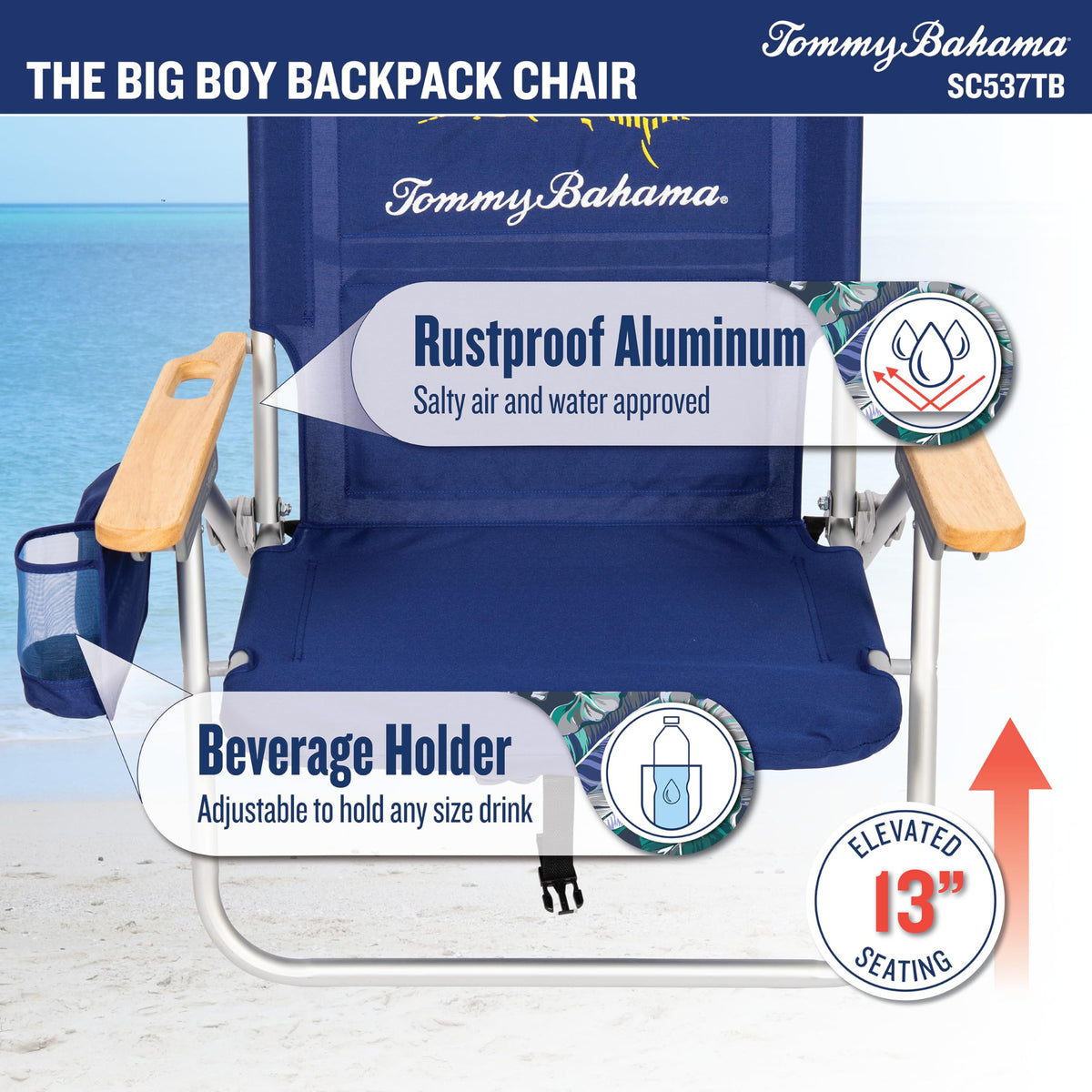 Tommy Bahama Big Boy 4-Position Folding 13" High Seat Backpack Beach or Camping Chair, Aluminum, Navy