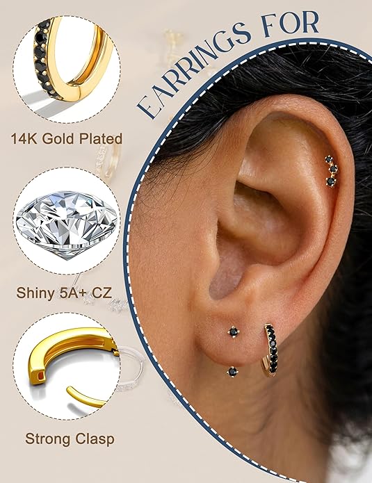 FIASASO 3 Pairs 925 Sterling Silver Hypoallergenic Earrings for Women Trendy - 14K Gold Plated Stud Hoop Cartilage Earrings Set Small Earring Stacks for Sensitive Ears Non Tarnish Dainty Silver Earring