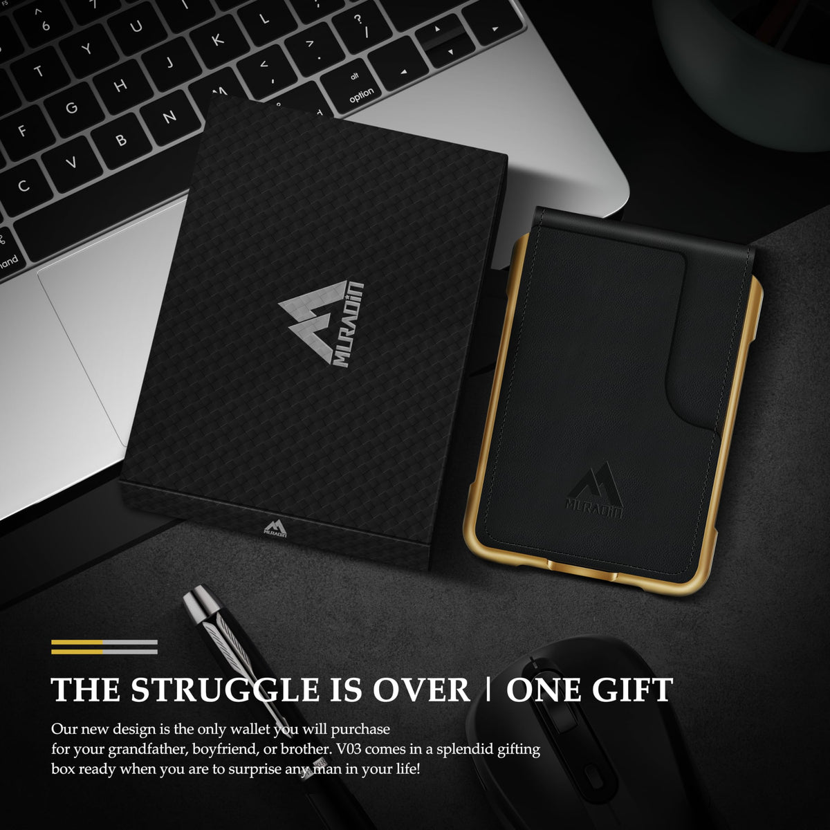MURADIN Mens Wallet Tactical Bifold Wallets for Men Metal RFID Blocking Aluminum Money Cards Holder Gifts for Men (black leather with gold frame)