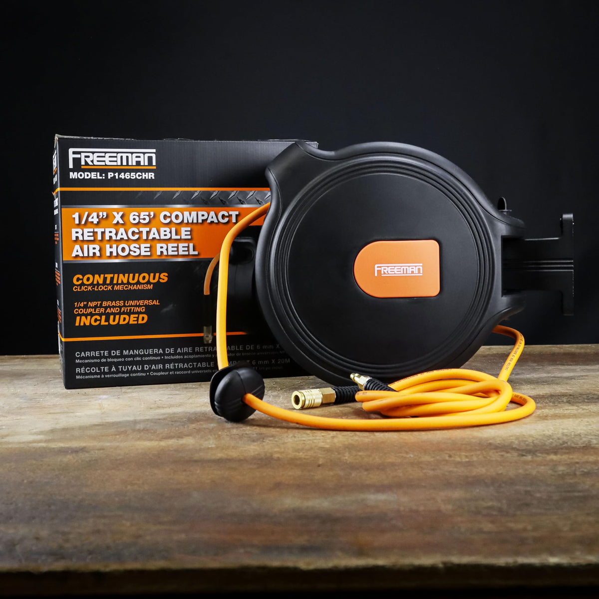 Freeman P1465CHR 1/4" x 65' Compact Retractable Air Hose Reel with Brass Fittings, Mounting Bracket, and Lead Hose