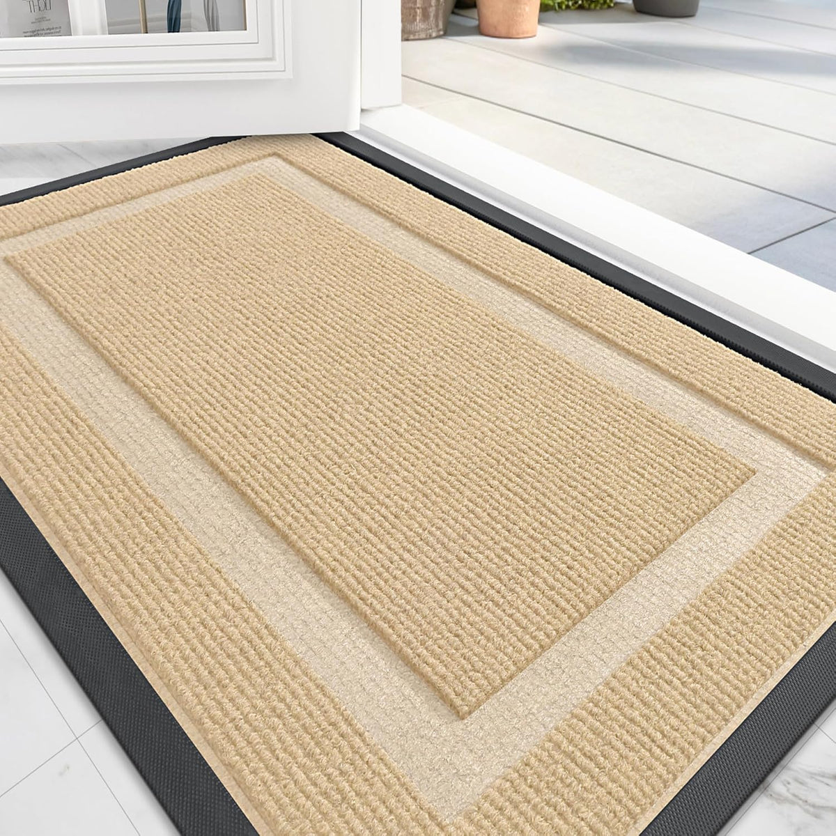 OLANLY Front Door Mat Indoor Outdoor Entrance, Waterproof All-Season, All-Weather Doormat, Sturdy Natural Rubber, Fade Resistant, Low Profile, Easy Clean Patio Porch Entryway Mat, 59x35, Beige