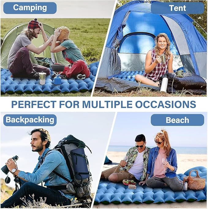 FUN PAC Camping Sleeping Pad, Ultralight Camping Mat with Pillow, Built-in Foot Pump Inflatable Sleeping Pads Compact for Camping Backpacking Hiking Traveling Tent,Double, Blue.