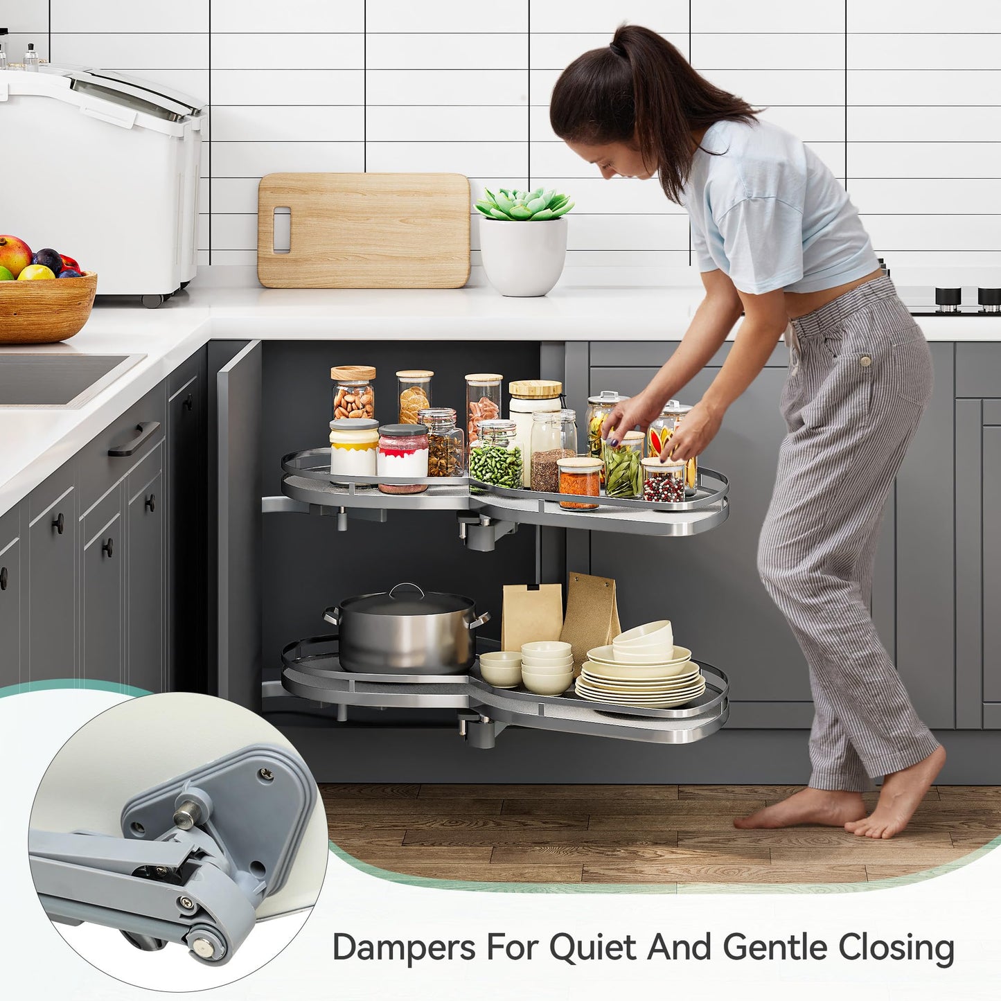 YITAHOME Blind Corner Cabinet Pull Out Organizer, Right Swing Soft-Close Swing-Out Cabinet Organizer with Adjustable Height, 2-Tier 32" Corner Cabinet Lazy Susan for Corner Cabinet Blind Shelf, Gray
