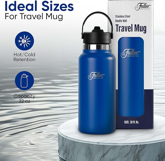 Fuller Stainless Steel Water Bottle with Straw Lid – BPA-Free, Sweat-Proof, Leak-Proof Travel Mug – Double Wall Insulated for Hot & Cold Drinks – Carry Handle (Mazarine Blue, 32 Oz.)