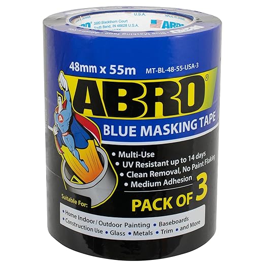 ABRO Blue Painters Tape 2 Inch Wide, 48mm x 55M, All Purpose Blue Tape, Temporary Labeling, Easy Tear, Clean Removal, Masking Tape Colored DIY or Pro - 3 Pack