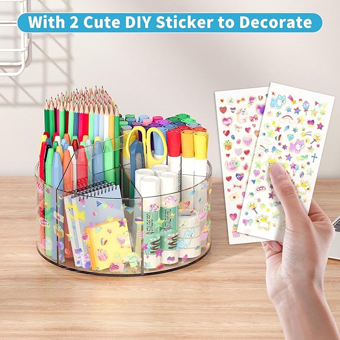 Acrylic Pen Holder with 2 Adhesive DIY Stickers, Desk Organizer Marker Holder with Cute Sticker, 360 Degree Office Supply Organizer Clear Pencil Holder Kid Art Supply Storage Organizer 6 Compartments