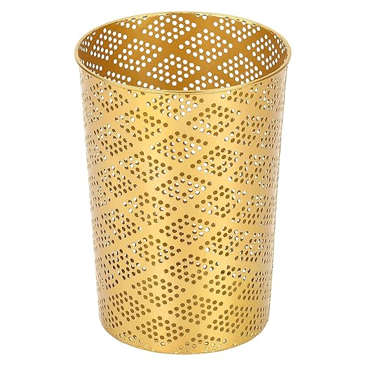 Metal Gold Trash Can, Modern Cylindrical Gold Garbage Can, Metal Waste Basket for Office Bathroom Bedroom & Small Spaces, 7.28" D x 10" H