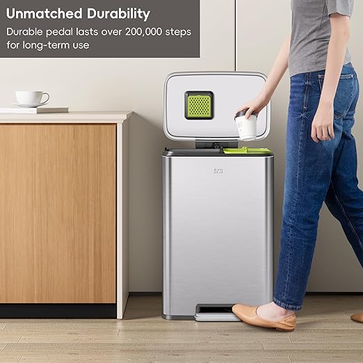EKO Madison Brushed Stainless 25L+20L Dual Compartment Step Trash Can with Inner Liner, Recycling Bin, Soft-Close Lid, Fingerprint-Resistant Finish, and Durable Stainless Steel for Home and Office