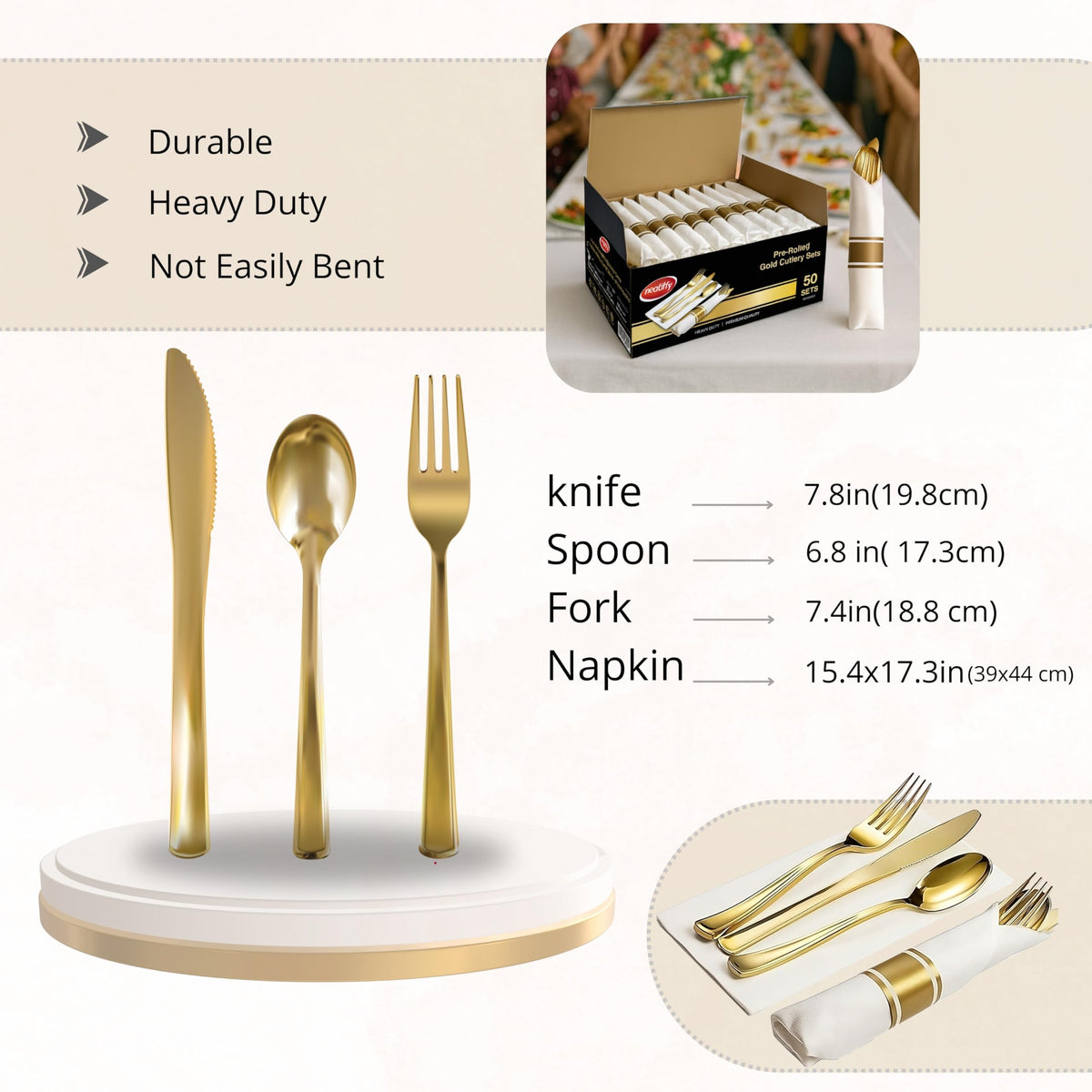 Neatiffy 50 Pack Gold Plastic Silverware Set, Pre Rolled Napkin and Cutlery Set with 50 Forks, 50 Knives, 50 Spoons, 50 Napkins, Utensils, Silverware for Parties, Weddings and Birthdays