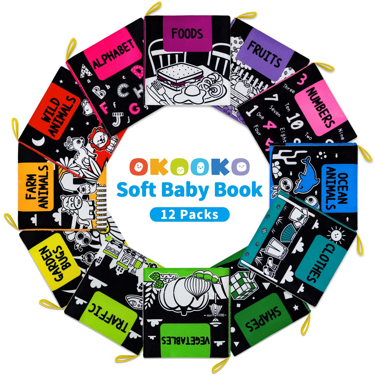 OKOOKO Soft Baby Books Black and White High Contrast 12PCS Soft Cloth Books Bath Books Crinkle Washable Non-Toxic Early Education Preschool Learning Toy for Newborns Babies Infants Toddlers Kids