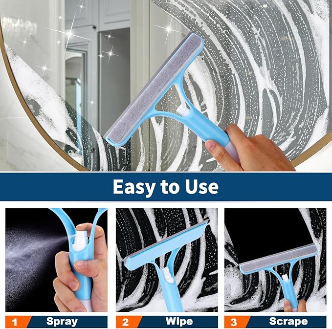 Juome 2PCS 3 in 1 Window Cleaning Scraper - Window Cleaner Squeegee with Sprayer, Squeegee for Window Cleaning Kit, Window Cleaning Tool with Cleaning Brush for Shower Glass, Mirrors, Home Window, Car