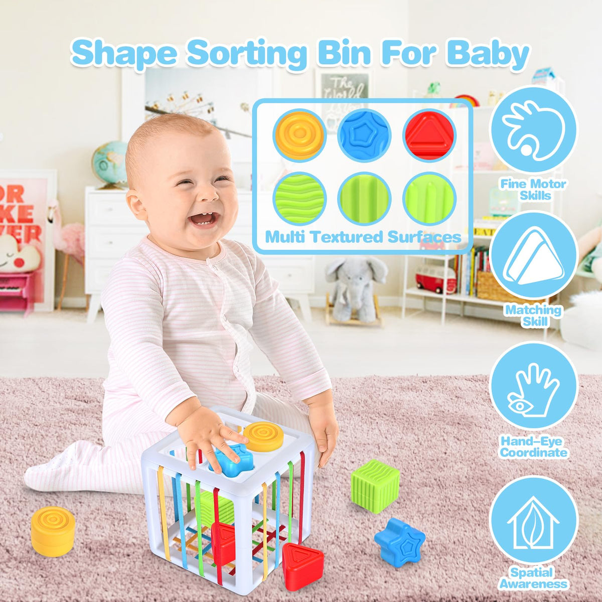 Springflower 5 in 1 Montessori Toys for Babies 0-3-6-12 Months, Soft Baby Teething Toys, Sensory Bin Toy, Stacking Building Blocks & Rings Infants,Developmental Toddler,Gift 12-18 Months