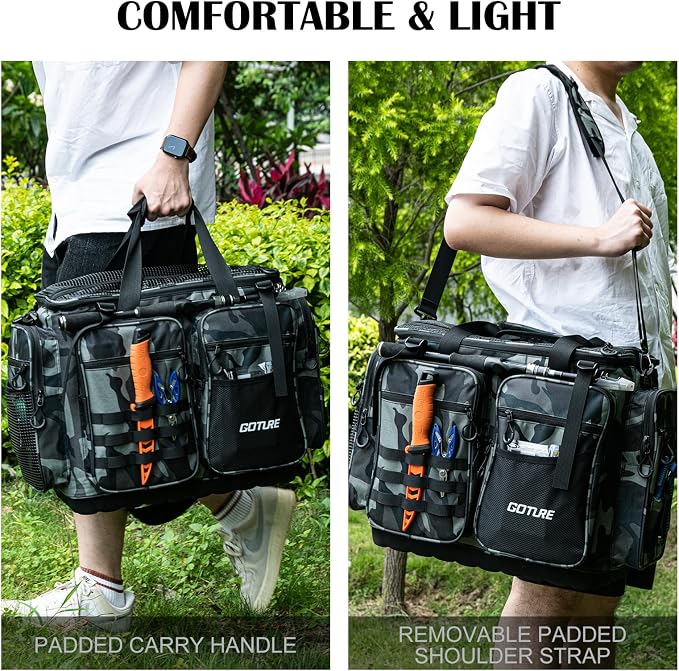 Goture Large Tackle Bag, Included 1 Utility Tackle Box and 2 3700-Size Trays, 600D Water Resistant Saltwater Gear Storage Big Fishing Bag with EVA Bottom, Removable Dividers, Fishing Gifts for Men