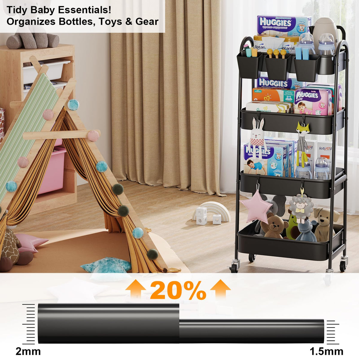 Black 4 Tier Rolling Cart Metal with Lockable Wheels, Four Tiered Tall Storage Rolling Cart on Wheels, Heavy Duty Utility Organizer Carts for Laundry, Kitchen, Dorm, Craft, Art, Snack,Mesh Basket,38in