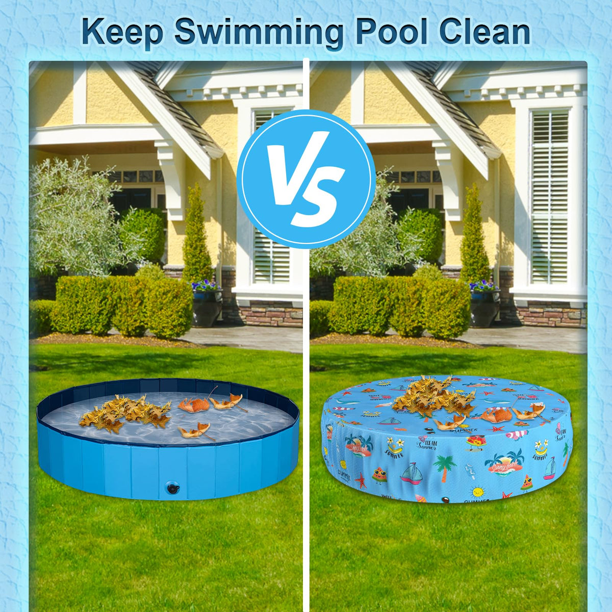 Docuwee Round Dog Pool Cover 71", Foldable Kiddie Solar Cover Fit Dog Collapsible Swimming Pool, Pets Kids Bath Tub, Anti-UV Dustproof Safety Pool Covers, Summer Beach Patterns