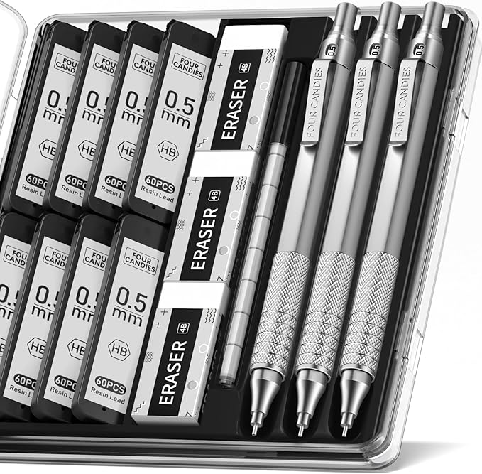 Four Candies 0.5mm Mechanical Pencil Set with Case, 3PCS Metal Artist Lead Pencil with 8 Tubes (480PCS) HB Lead Refills, 3 Erasers, 9 Eraser Refills For Engineer Art Writing Drawing Drafting, Silver