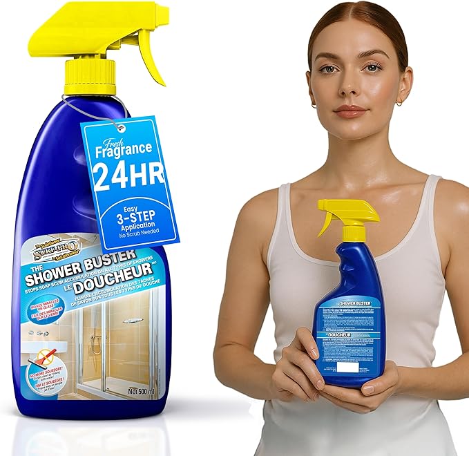 Shower Glass Door Cleaner – Shower Buster Spray for Soap Scum & Hard Water Stains – No Scrub Bathroom Cleaner for Glass, Tile, Chrome, Ceramic, RV and Septic Safe (500ml / 16.9oz)