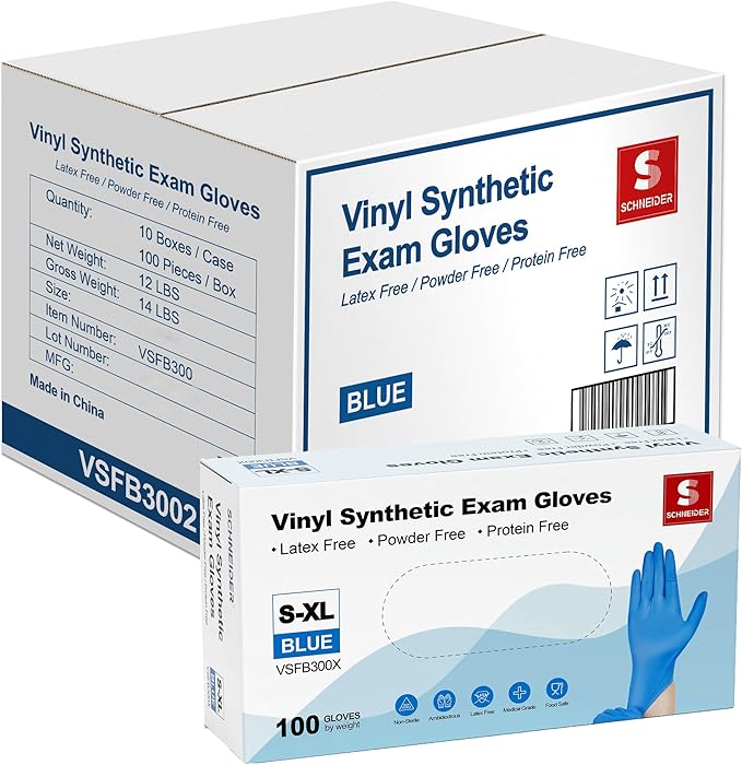 Schneider Vinyl Synthetic Exam Gloves, 4 Mil, Latex Free Disposable Gloves for Medical, Cooking, Cleaning, and Food Prep