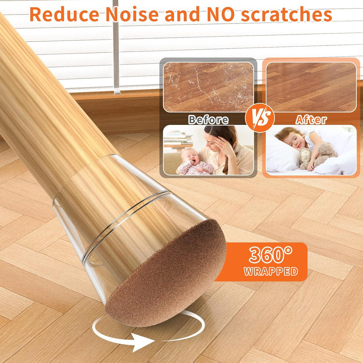 Chair Leg Floor Protectors Large 24Pcs,Silicone Chair Leg Protectors for Hardwood Floors/Tiles,360°Wrapped Felt Bottom to Prevent Scratch and Reduce Noise, Round Clear