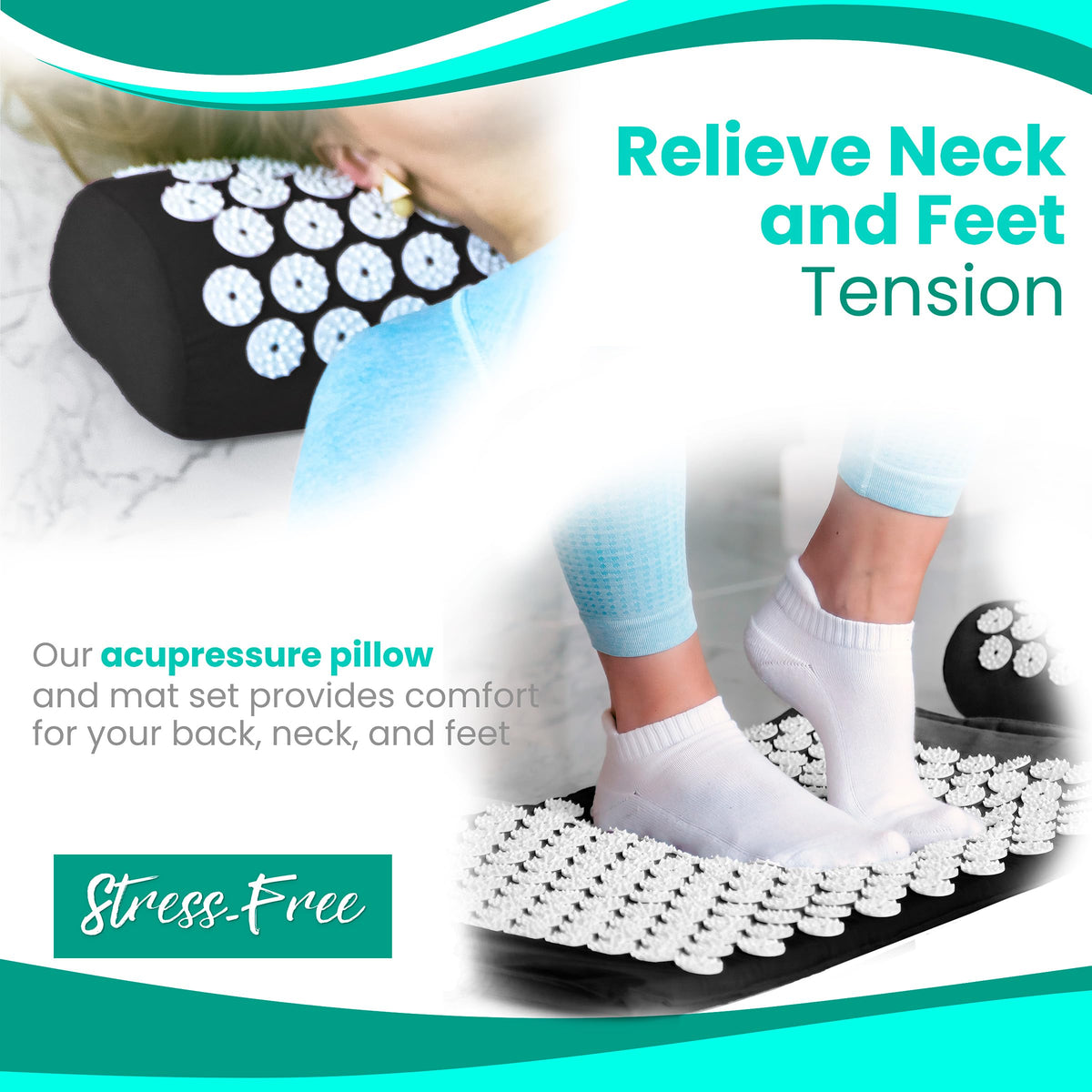 Sivan Back and Neck Pain Relief Acupressure Mat and Pillow Set, Chronic Back Pain Treatment - Relieves Your Stress of Lower Upper Back and Sciatic Pain - Black