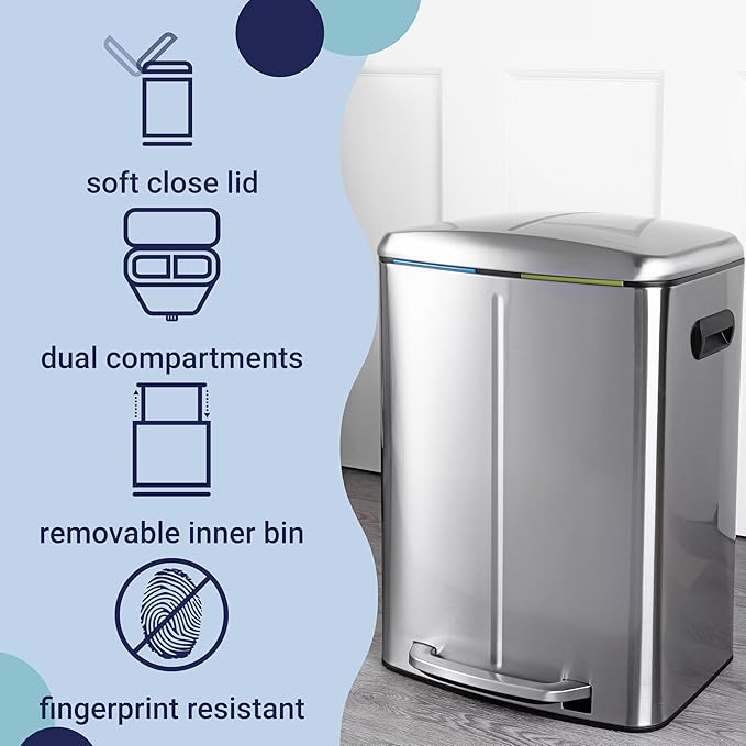 happimess HPM1005A Marco Rectangular 10.5-Gallon Double Bucket Trash Can with Soft-Close Lid, Modern, Minimalistic, Fingerprint Proof for Home, Kitchen, Laundry Room, Office, Stainless Steel
