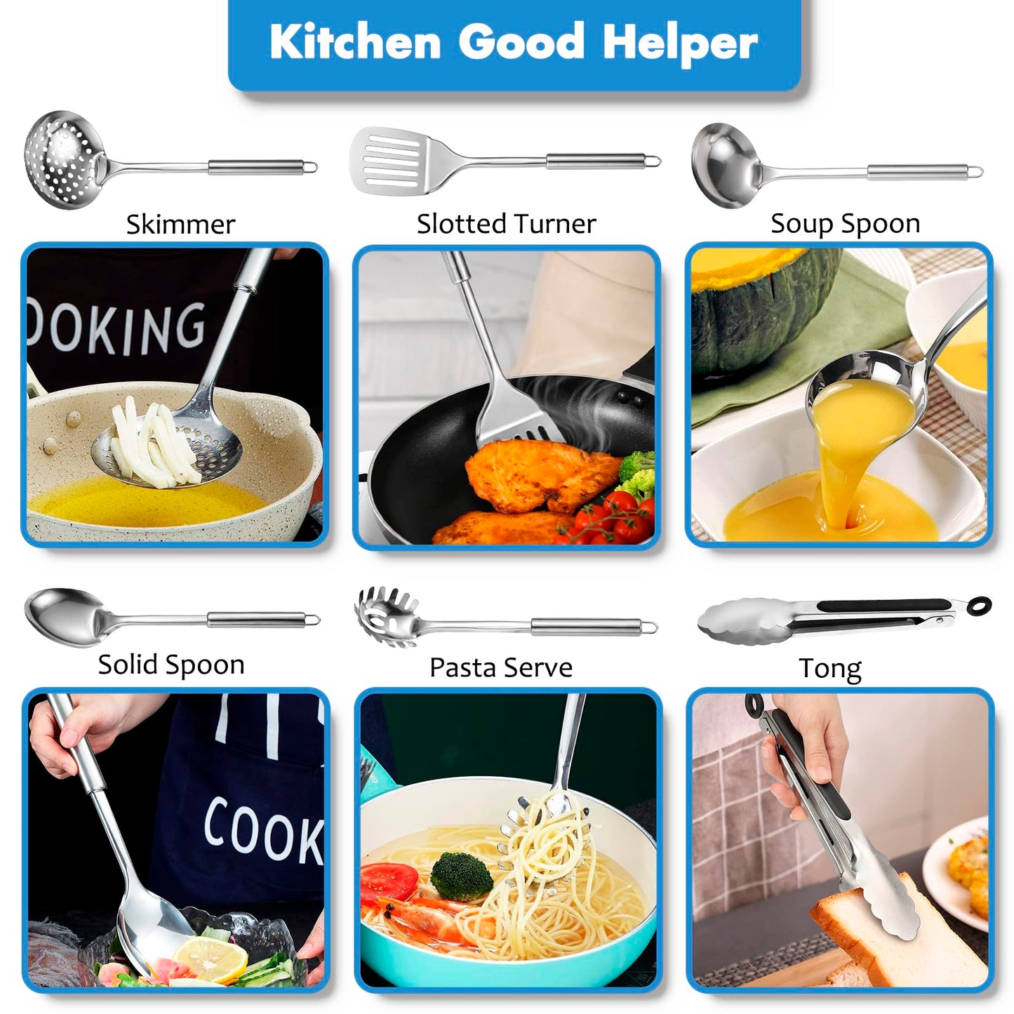 Cooking Utensils Set 11pcs - Stainless Steel Kitchen Utensils Set with Holder, Heat Resistant Kitchen Utensils Sets for Cooking with Turners, Potato Masher, Skimmer, Spoons, Ladle, Tongs, Whisk