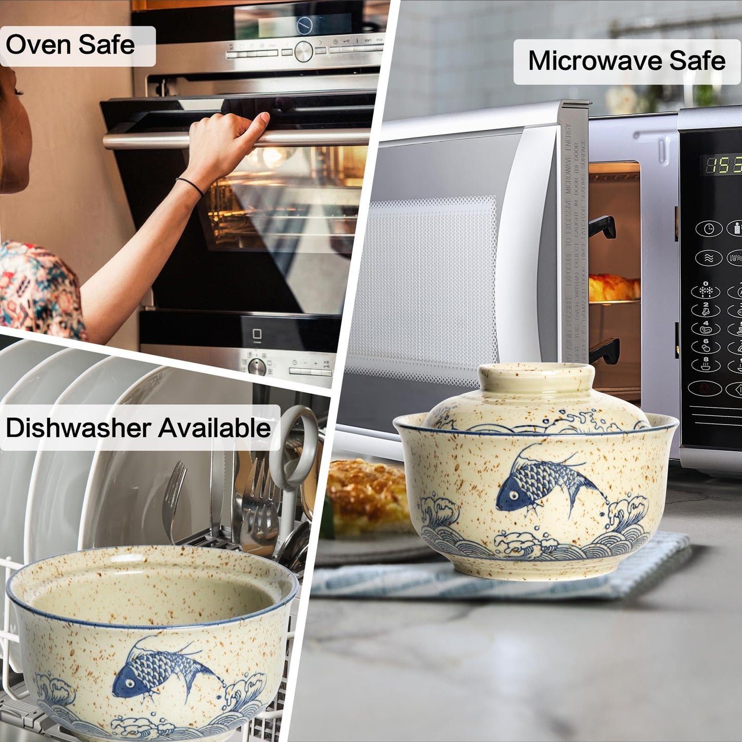 Niturceal Ceramic Ramen Bowl Set Ramen Noodle Bowl with Lid 27oz Japanese Retro Style Soup, Pho, Udon Bowls, Matching Spoons and Chopsticks for Microwave & Dishwasher Safe, Fish