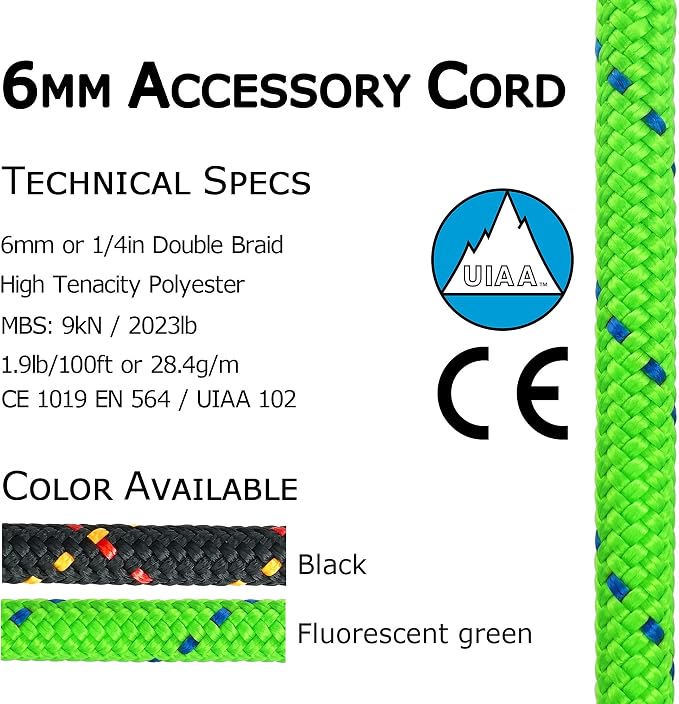 GM CLIMBING 6mm Accessory Cord Rope Double Braid CE/UIAA