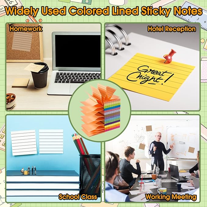 14 Pads Pop Up Sticky Notes,1400 Sheet Lined Sticky Notes 3x3 Inch,Self-Stick Notes Pads with Lines,Bright Multi Colors Easy Post Notes Pop up Refill for Office Study School Daily Life,100 Sheets/Pad
