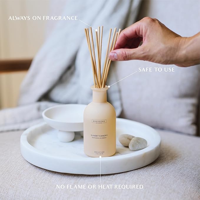 Benevolence LA Reed Diffuser for Home | Patchouli & Ebony | Elegant Home & Bathroom Decor | Long-Lasting Oil Diffuser Sticks | Malibu Sands Collection