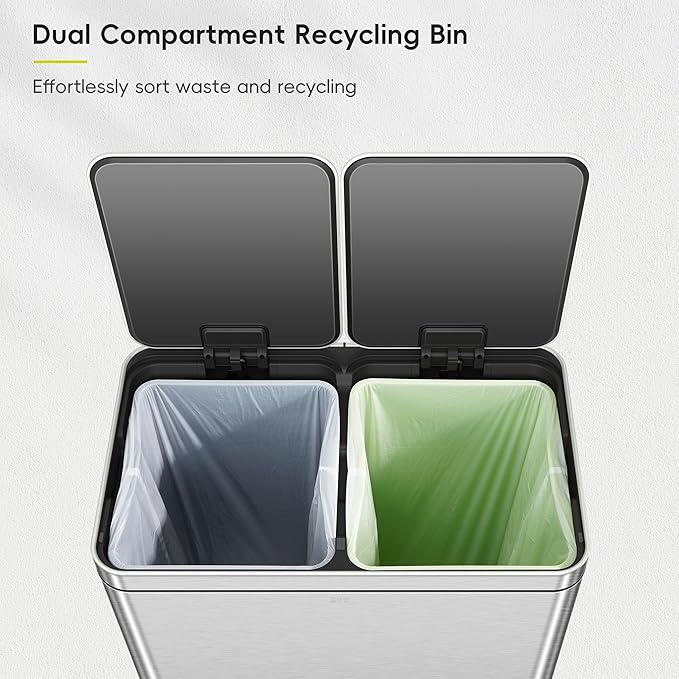 EKO Edison Dual Trash Can for Recycling and Trash, 8+8 Gallons Kitchen Garbage Can with Dual Removable Inner Liners, Independent Lids and Pedals, Matte Stainless Steel