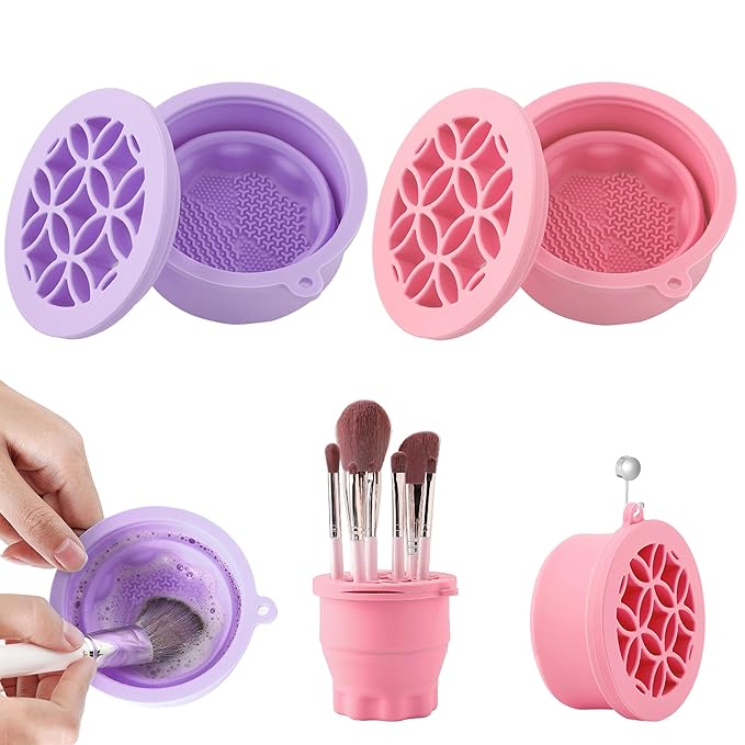 Makeup Brush Cleaner - Foldable Silicone Makeup Brush Cleaner Mat with Brush Storage Holder Makeup Brush Cleaning Bowl Cosmetic Brush Washing Tool for Cleaning Organizer and Drying (Purple and Pink)