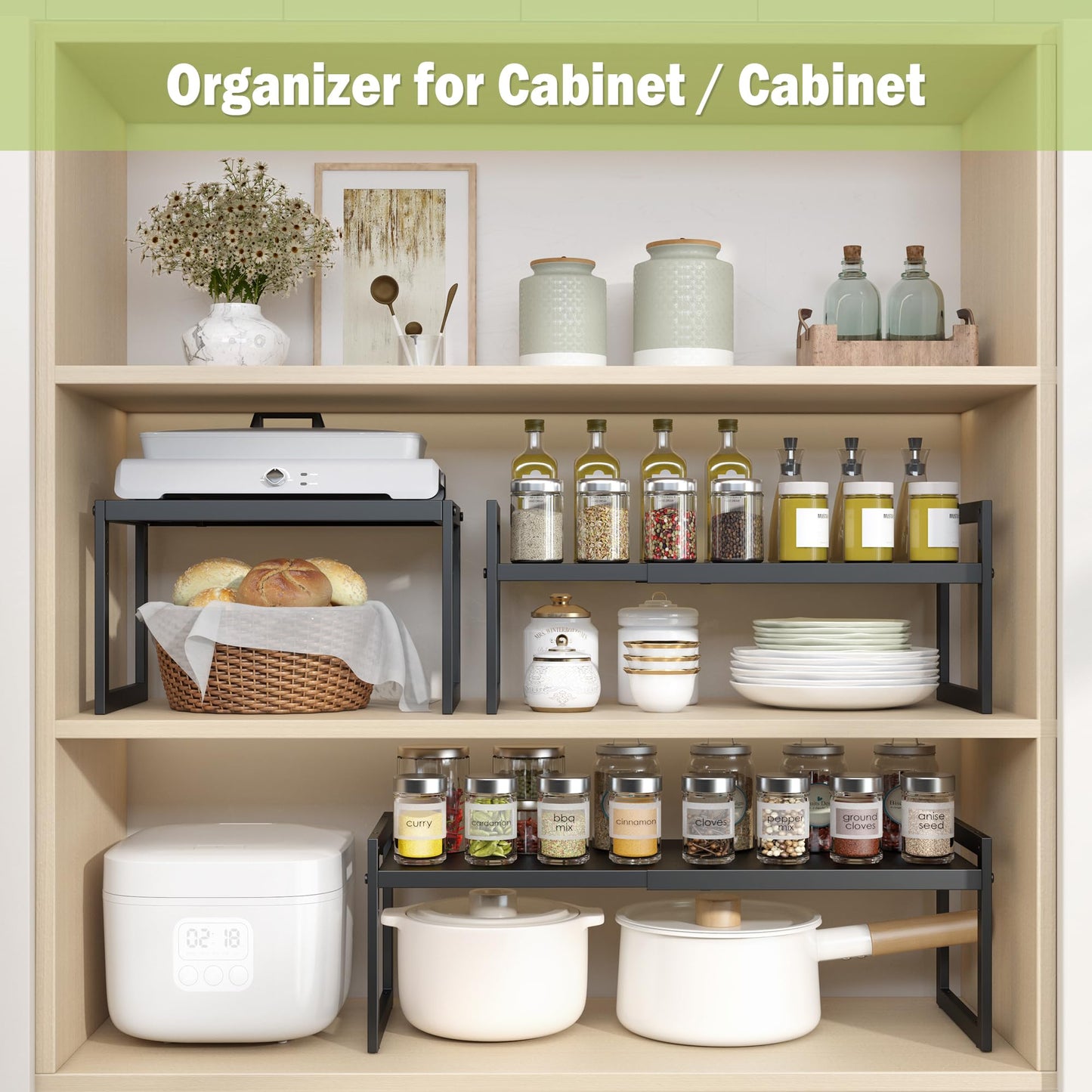 DOLALIKE Expandable kitchen Countertop Organizer, Stackable Cabinet Shelf Organizers, Space Saving Spice Rack Pantry Storage for Bathroom Office (Black, 1 Pack)
