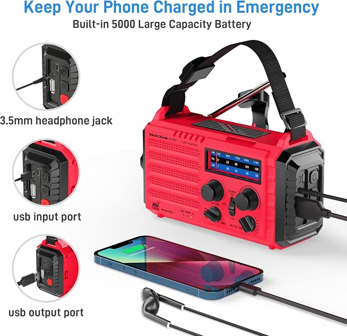 Emergency Weather Radio Solar Hand Crank Battery Operated Portable AM FM Shortwave Radio with NOAA Alert, Flashlight, Reading Lamp, Cellphone Charger,Earphone Jack, SOS Alarm for Home Outdoor Survival
