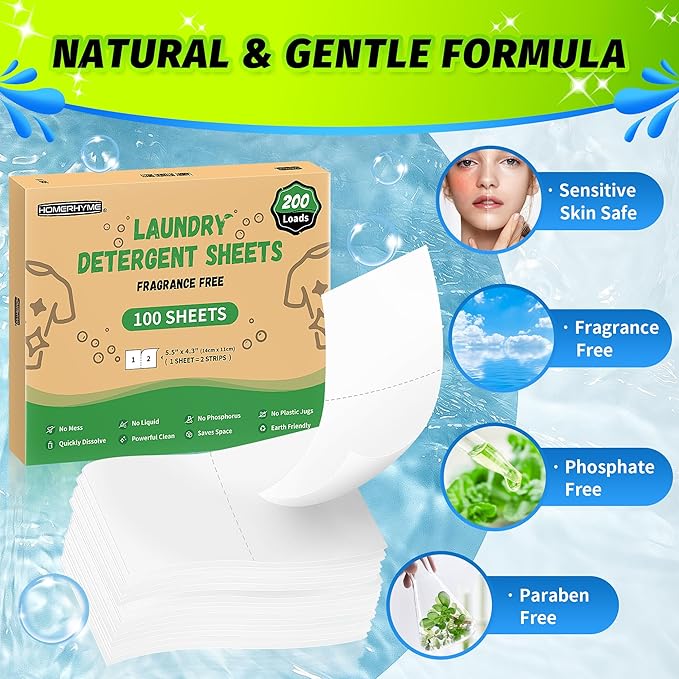 HOMERHYME Laundry Detergent Sheets - 200 Loads Unscented Travel Laundry Detergent, Eco Friendly & Hypoallergenic Cloth Washing Detergent Soap Sheets, Suitable for Sensitive Skin