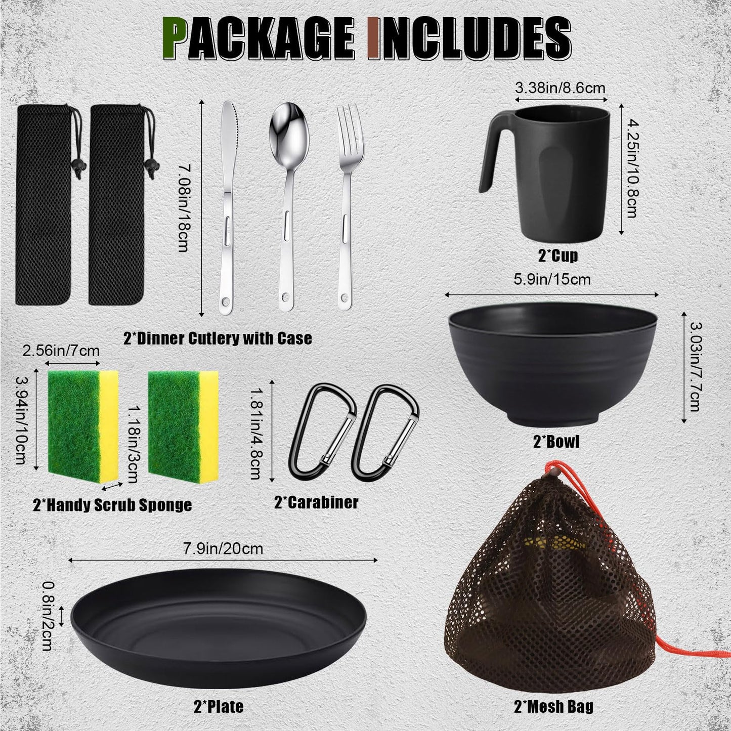 Scout Camping Mess Kit for Person Boy Scout Dishes Set Girl Scout Mess Kit with Mesh Bag Reusable Light Weight Eating Utensils Plastic Camping Cutlery Set for Travel Camp (2, 2 Person Black)