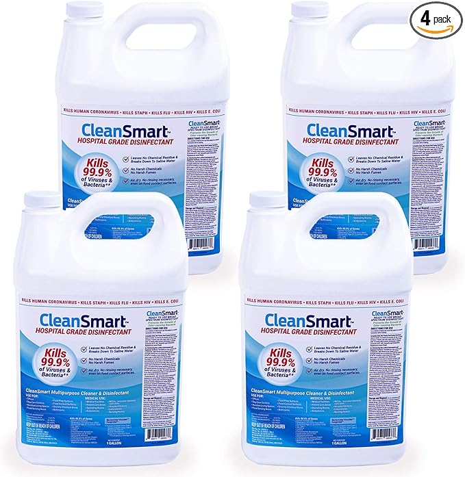 CleanSmart Hospital Disinfectant, Kills 99.9% of Viruses and Bacteria, Hypochlorous Acid Technology, EPA Registered, 4 Gallons (HOCL)