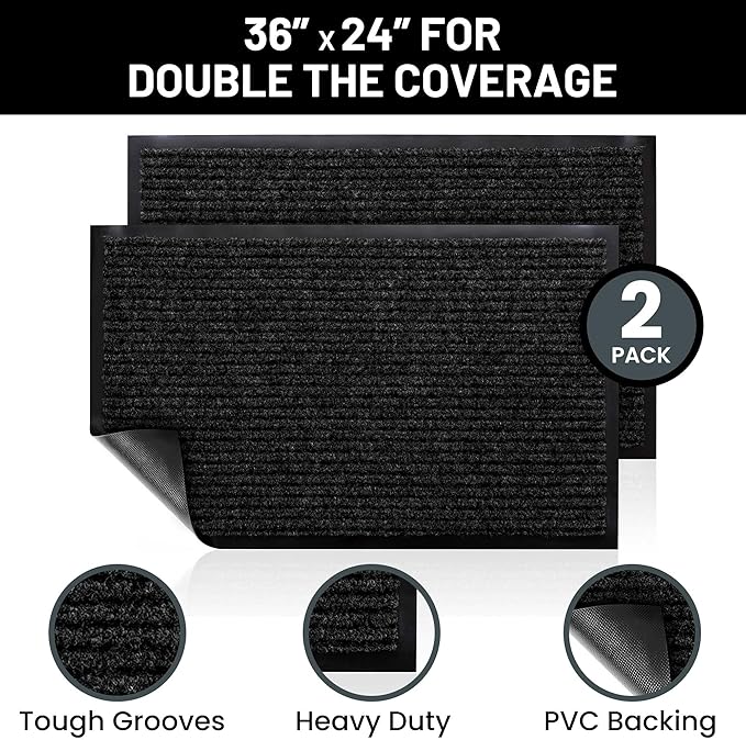 Sierra Concepts 2-Pack Front Door Mat - Large 36 x 24 Welcome Indoor Outdoor Entryway Mats for Shoe Scraper, Ideal for Inside Outside High Traffic Area, Black