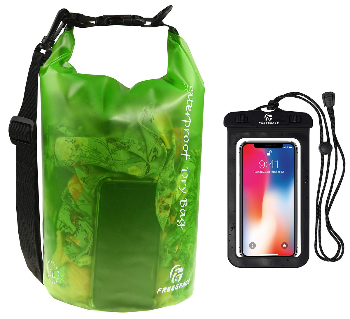 Waterproof Dry Bag - Transparent Lightweight Dry Sack with Strap, Seals and Waterproof Case - Float on Water - Keeps Gear Dry for Kayaking, Beach, Rafting, Boating, Hiking, Camping (Green) 5L