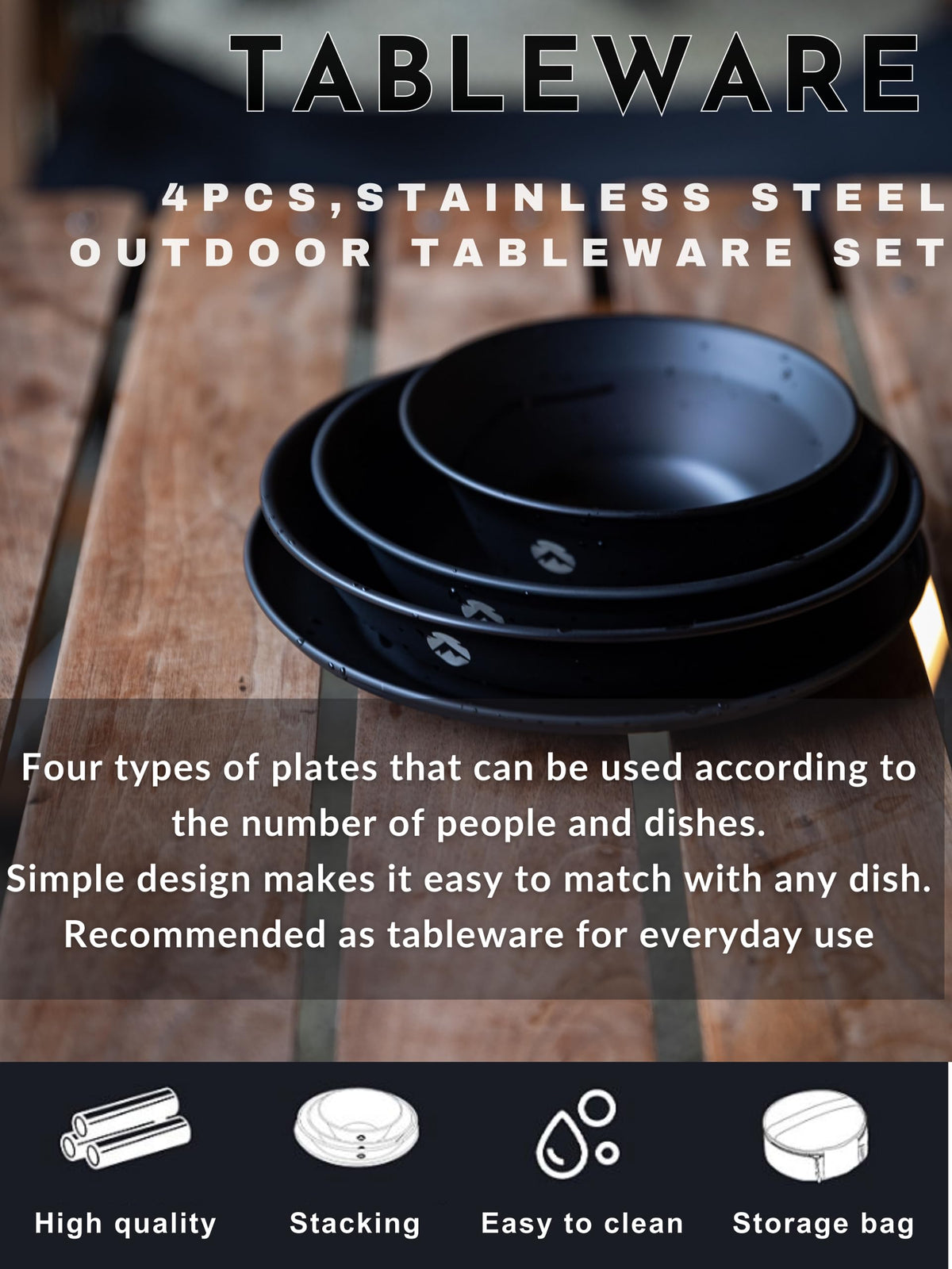 CAMPINGMOON Camping Tableware Set Stainless Steel Camping Plates Bowl Stackable Outdoor Dinnerware Canvas Carry Case Camping Hiking Picnic (4, Black (Titanium Oxide Coating))