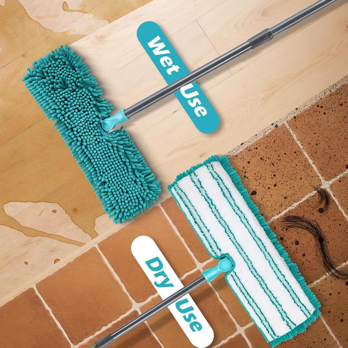 MASTERTOP Microfiber Flat Mop, Double-Sided Dust Mop with 4 Wet & Dry Pads, Floor Mop with Extension Stainless Steel Handle for Cleaning Hardwood, Vinyl, Laminate