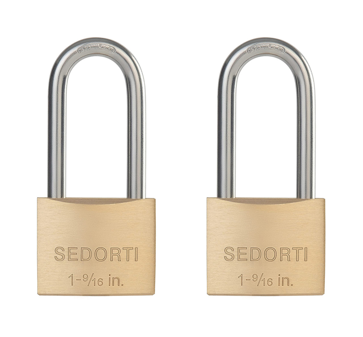 SEDORTI Weatherproof Padlock with Stainless Steel 304 Long Shackle and Solid Brass Body, 1-9/16 in. Wide, 2 Padlocks Keyed Alike, Marine Grade Rustproof Lock for Outdoors Use YNBSP240
