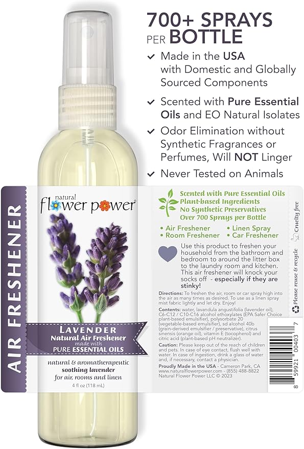 Natural Flower Power Air Freshener Spray - Odor Eliminator with Essential Oils for the Home, Car & Fabric - Cruelty Free & Vegan - 2 Pack with Lavender and Citrus & Spice - 2 x 4 oz