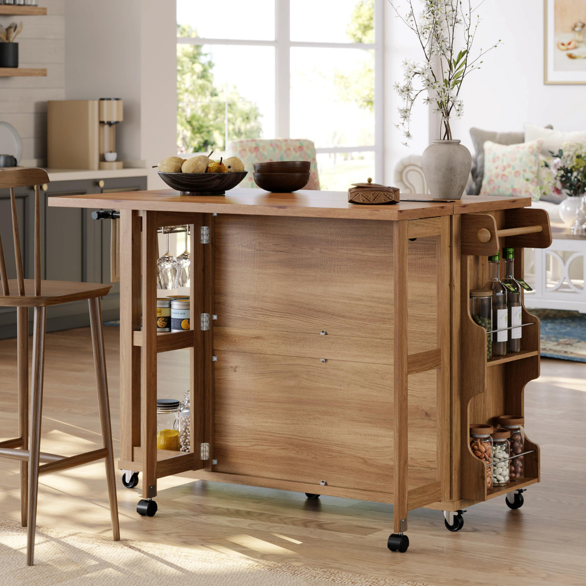 Kitchen Island with Storage & Charging Station, Rolling Kitchen Island Table on Wheels with Drop Leaf & 2 Drawers, Mobile Island Cart with Pull-Out Shelf, Spice Rack, for Dining Room (Natural)