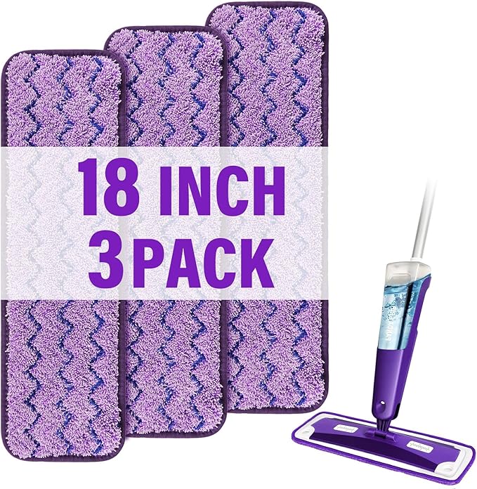 18 inch Mop Pads Refills, 3 Pack Microfiber Reusable Replacement Mop Pads Flat Replacements Heads for Wet Or Dry Floor Cleaning and Scrubbing, Blue & Purple Cloth