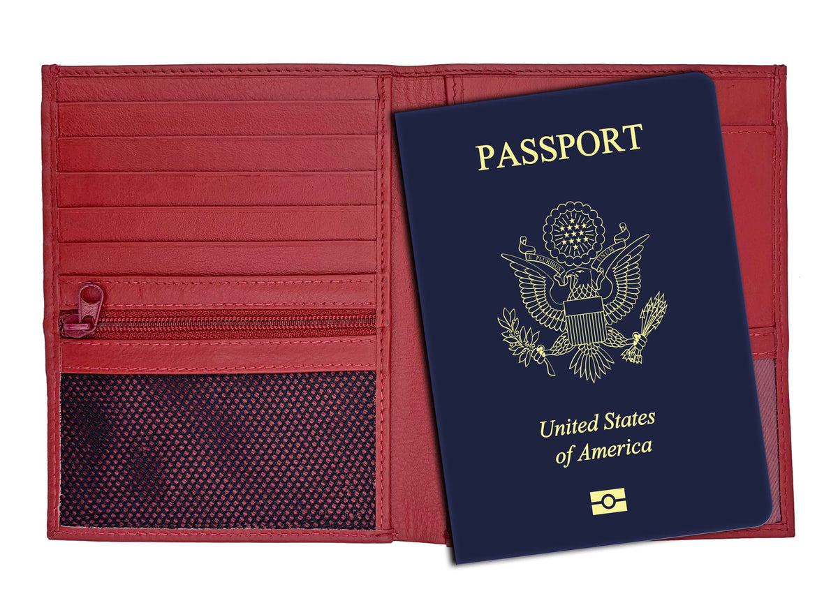 Red RFID Genuine Leather Passport Wallet